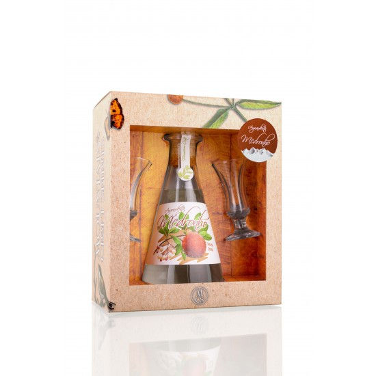 Cx Aguardente de Medronho 50cl c/ 2 Copos Zimbro