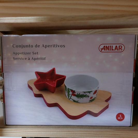 Conjunto de Aperitivos Natalício Cerâmica e Bambu - 3 Peças