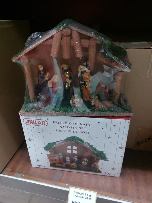 Presépio ANILAR com oito figuras e cabana de madeira, 20 cm