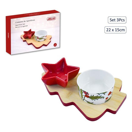 Conjunto de Aperitivos Natalício Cerâmica e Bambu - 3 Peças